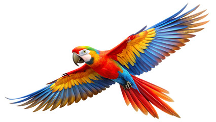 Fototapeta premium colorful parrot flying isolated on white background, png, ai generated.