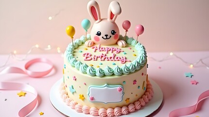 Adorable pastel-themed birthday cakes decorated with cute animal toppers including dogs, cats, and bunnies, surrounded by colorful balloons. Each cake features space for customizable "Happy Birthday" 