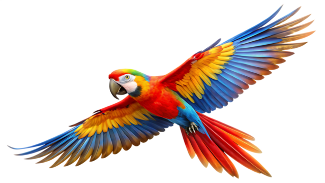 colorful parrot flying isolated on white background, png, ai generated.