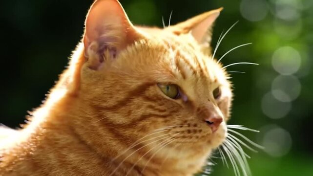 Golden Gaze: A striking close-up captures the serene beauty of an orange tabby cat, its golden fur gleaming under the soft, natural light, the subtle details of whisker and focused eyes.