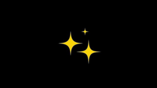 Twinkling stars animation. fast blinking star lines, white cartoon sparkle elements, flat doodle vector glitter effect, glowing twinkle shine in 2D motion on black screen background.