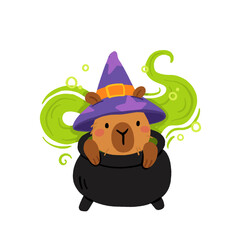 Cute Halloween capybara clipart set. cartoon witch capybara with hat, broom, cauldron, pumpkin costume, skull, potion, moon and tombstone. funny kawaii animal vector illustration