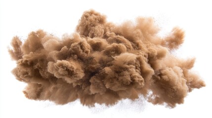 Dynamic explosion of brown powder cloud with dispersed particles, uneven texture, fluffy formations, and granular areas against stark white background.