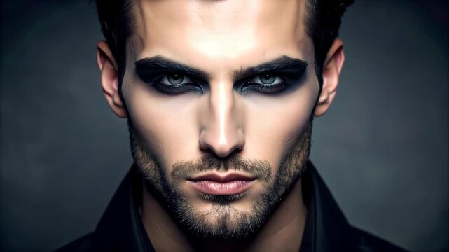 Mysterious man with intense dark eye makeup gazes directly forward with captivating power. Dark siren makeup
