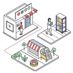 An isometric vector illustration depicting a modern city business district with various buildings, factories, and homes, alongside cars and detailed interior office designs
