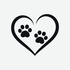 Black heart shape with two dog paw prints inside on a white background animal love © fazlay907