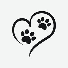 Black Paw Prints Inside a Heart Shape on White Background animal love