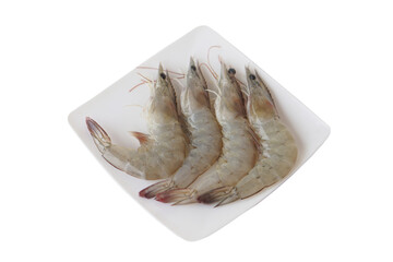  Fresh river prawns arranged neatly on a clean white plate, isolated on a white background. These raw shrimps are ideal ingredients for various delicious dishes and perfect for culinary-themed designs