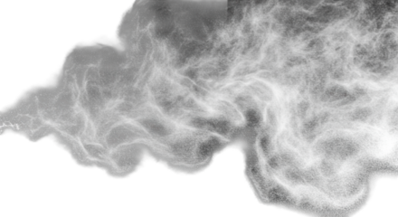 Light grey atomized water mist with discernible droplets captured in high-speed motion, spreading vigorously across a pristine transparent, shadowless background from a slightly high angle, dynamic