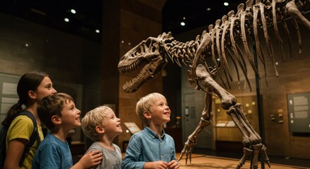 Excited kids looking at dinosaur skeleton display
