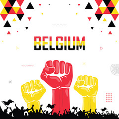 Crowd of people cheer for Belgium, raised fist, human hands, strike, parade, riot, protest or rally, national flag color, patriot banner, background for national independence celebration