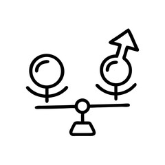 Gender symbols balanced on a scale in minimalist line art style  