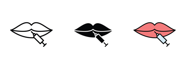 set of pixel perfect colored Lip fillers icon , 1 Silhouette, 1 Unexpanded, Lips with syringe indicating cosmetic lip enhancement.