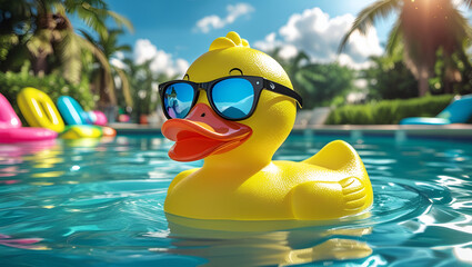 Trendy Yellow Rubber Ducky Wearing Sunglasses – Fun and Vibrant Bath Toy Character on White Background