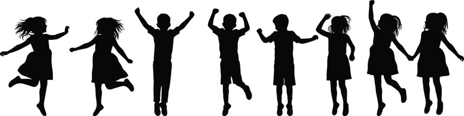 Silhouette of happy children jumping, playful energy, fun group, joyful celebration, childhood unity, outdoor activity, black and white, vector art