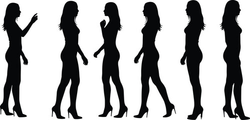 Silhouettes of fashionable women in high heels striking different poses, stylish motion sequence, elegant black vector illustration artwork set