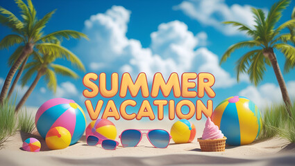 Vibrant Summer Vacation Concept Featuring Beach Accessories, Straw Hat, Sunglasses, Flip-Flops, and Tropical Vibes on a Bright Yellow Background