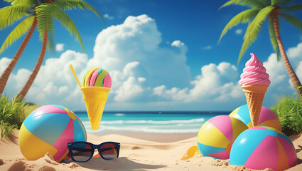 Vibrant Summer Vacation Concept Featuring Beach Accessories, Straw Hat, Sunglasses, Flip-Flops, and Tropical Vibes on a Bright Yellow Background