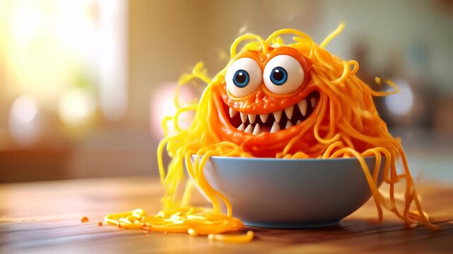 Cartoon spaghetti monster creature with big blue eyes and sharp teeth grins widely from small blue bowl