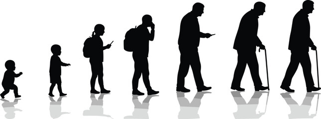 Silhouettes of human life stages from baby to elderly, black vector illustration showing age progression, timeline concept artwork