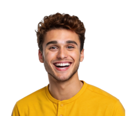 Smiling hispanic young adult male in yellow shirt
