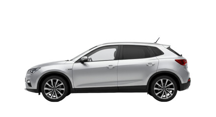 Silver compact suv, new, sleek lines, dark tinted windows, alloy wheels, perfect side view on a transparent studio background with professional lighting and no shadows, concept for vehicle advertising