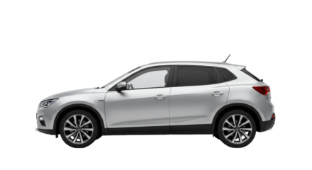 Silver compact suv, new, sleek lines, dark tinted windows, alloy wheels, perfect side view on a transparent studio background with professional lighting and no shadows, concept for vehicle advertising