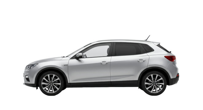 Silver compact suv, new, sleek lines, dark tinted windows, alloy wheels, perfect side view on a transparent studio background with professional lighting and no shadows, concept for vehicle advertising