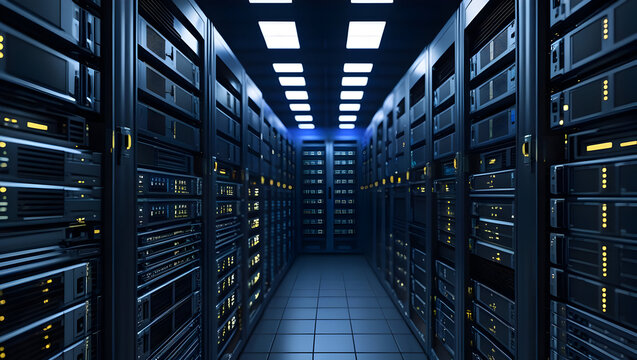 Server racks in dark blue computer network data center room created with generative AI
