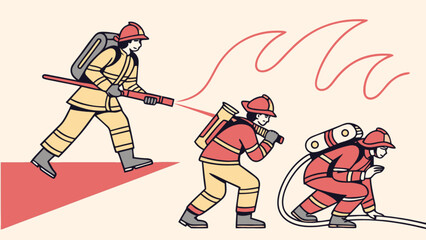 Firefighter team in action extinguishing fire vector illustration emergency services fire safety and rescue 100