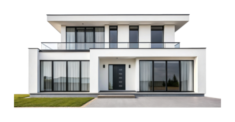 Modern two-story white house with large windows and clean lines