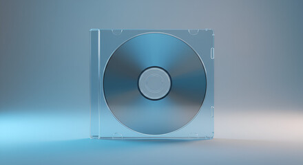 A sleek, modern CD in a transparent case on a gradient blue background studio shot