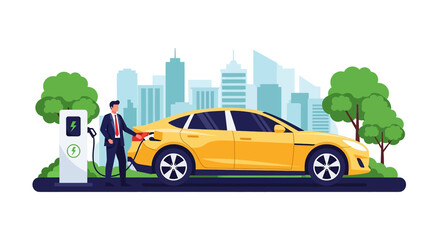Adobe illustrator vector flat style illustration of a businessman charging his electric car at a city charging station. Ideal for urban electric mobility and sustainable transport