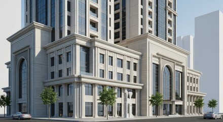 Architectural rendering of a modern skyscraper with a grand, classical-style facade and arched windows.