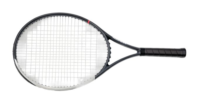 Close-up of a tennis racket with focus on strings and frame details