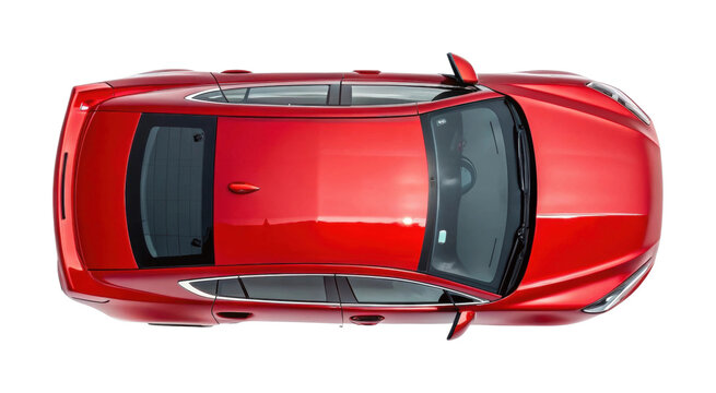 Red sedan car top view showing sunroof and sleek design