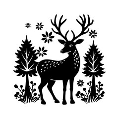 Deer and fawn silhouette in a winter wildlife illustration
