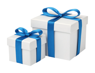 Two white gift boxes with blue ribbons and bows