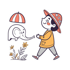 Girl holding umbrella with flowers and a cat cartoon illustration