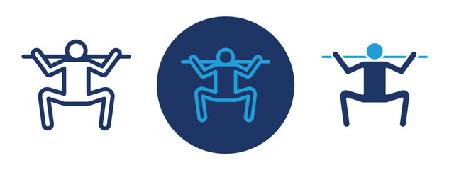 set of pixel perfect colored Squat icon , 1 Silhouette, 1 Unexpanded, Icon of a person doing a squat exercise, emphasizing strength and fitness.