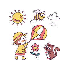Girl and boy holding umbrella in cute cartoon style illustration