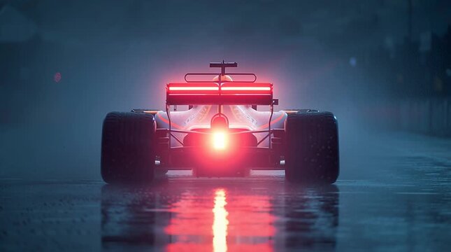 Rear view of a formula one car with its tail light on a wet track on a rainy day at dusk or dawn