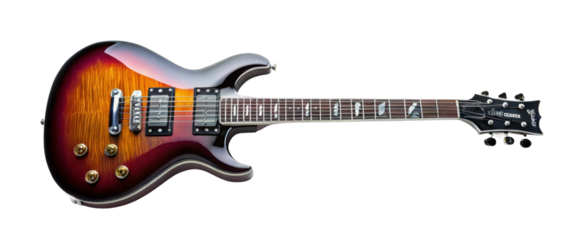 Electric guitar with burst finish and dual humbuckers