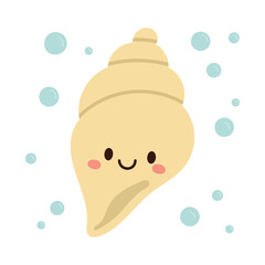 Smiling yellow conch shell character with gentle curves and pastel blush surrounded by bubbles, ideal for kids’ aquatic clipart or seaside nursery art.