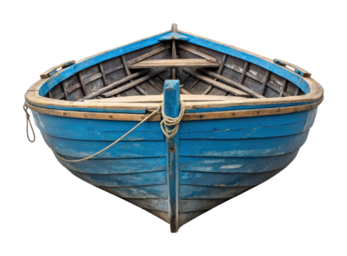 Old blue wooden rowboat with rope and weathered texture