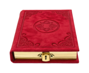 Ornate red velvet journal with gold lock and embossed design