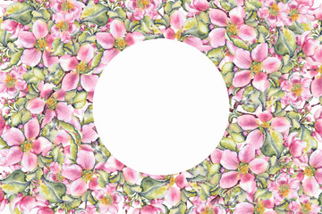 Watercolor floral frame with pink apple blossoms and green leaves in botanical style. for invitations, greeting cards, wedding stationery, cosmetic branding, seasonal sales and eco product packaging