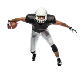 Caucasian male american football player in action pose with helmet and ball