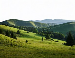 Obraz premium gentle green hills with scattered trees and forest patches isolated on white background