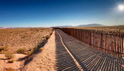 a long border wall casting a shadow over a dry desert landscape symbol of division and power